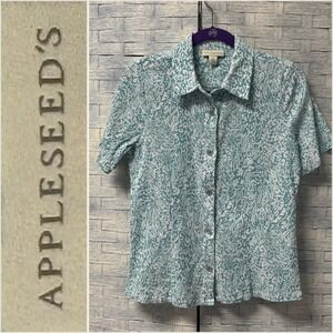 Appleseeds‎ Womens S Short Sleeve Button Down Shirt Teal White Pattern